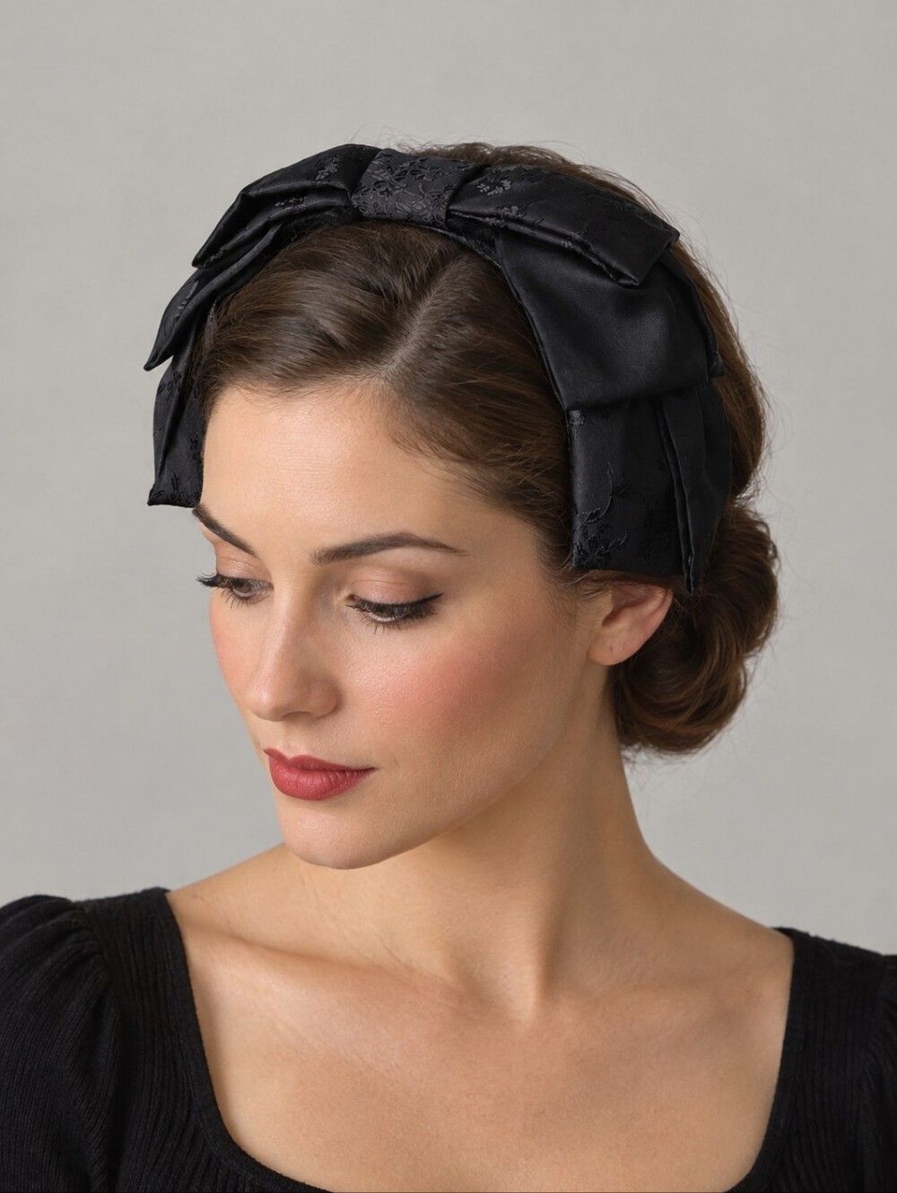 Vintage 1950s Black Satin Crown Fascinator Half Hat Structured Bow Headband MCM